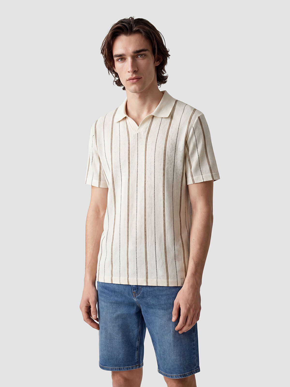 新品　thehighlights shirt'camelbeige size1 XSIDE Bej Polo Yaka Çizgili Erkek Tişört - S6FC35Z8-ELZ | LCW