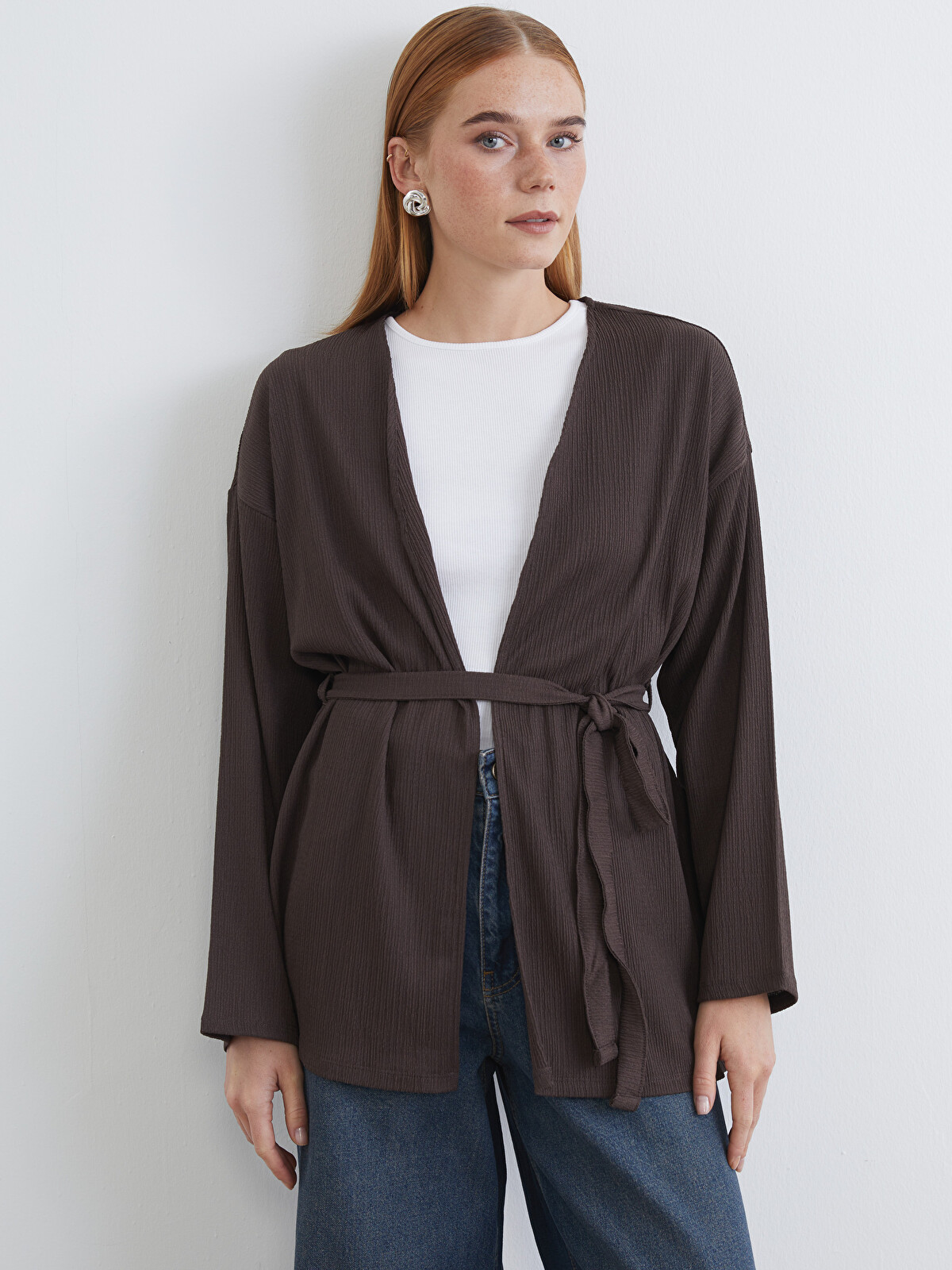 LCW Modest Shawl Collar Belted Women's Cardigan - S6FK21Z8-HMK