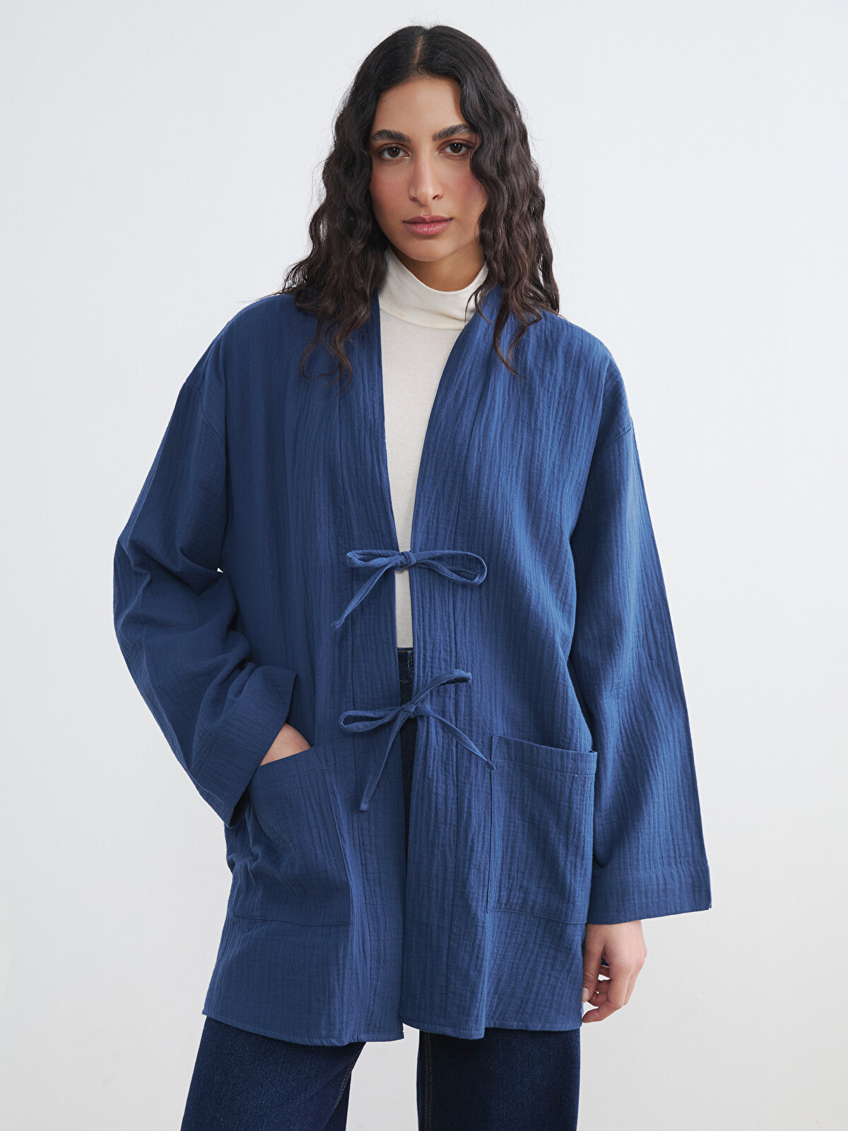 LCW Modest V Neck Textured Women's Muslin Kimono - S6FV30Z8-R4M