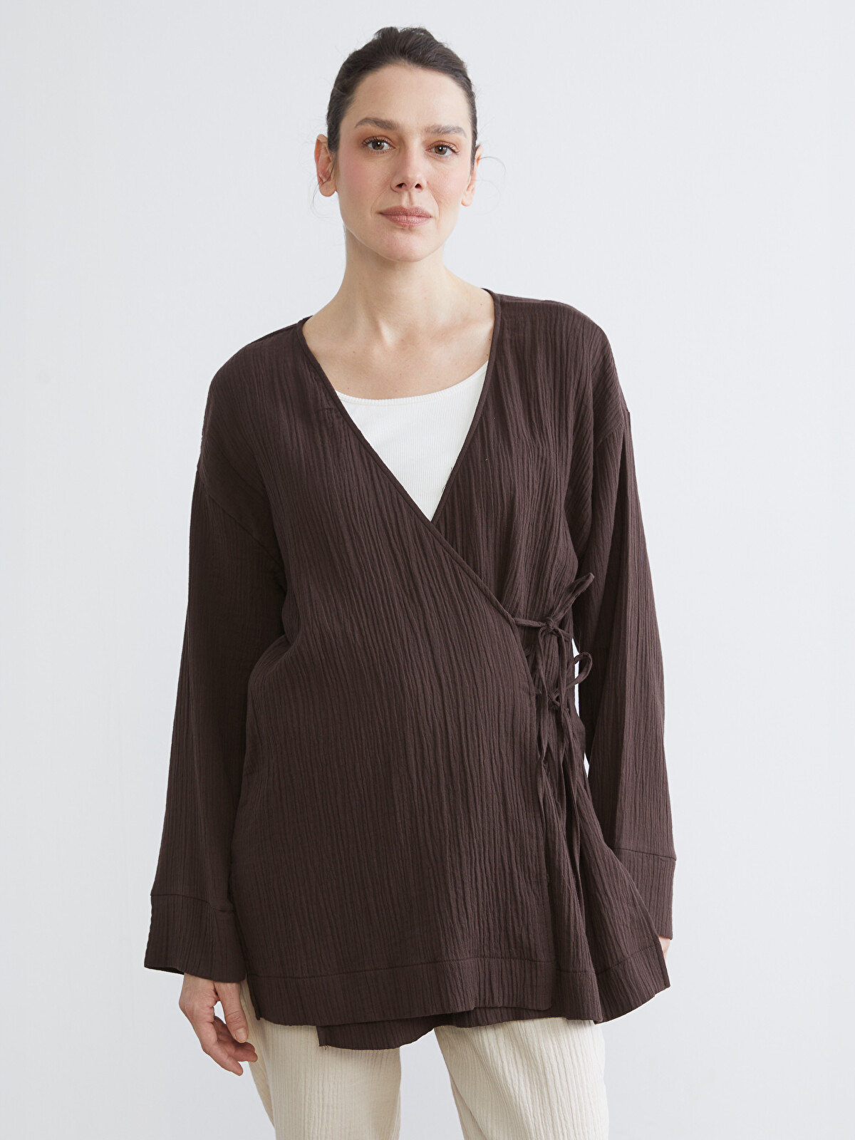 ブラウン23 LCW EVERYDAY Kruvaze Yaka Dokulu Kadın Müslin Kimono - S6G012Z8
