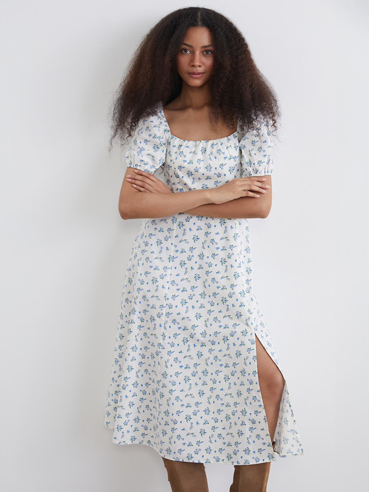 XSIDE Square Neck Floral Slit Detail Poplin Dress - S6G727Z8-LQQ