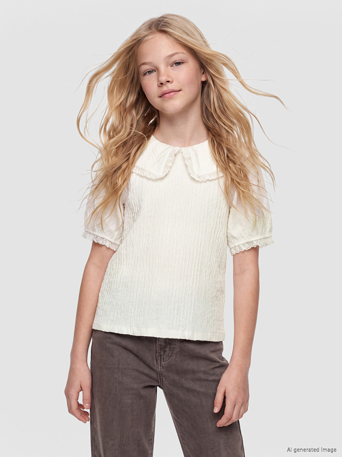 LCW Kids Peter Pan Collar Lace Girls' T-shirt - S6G995Z4-R9J | LC