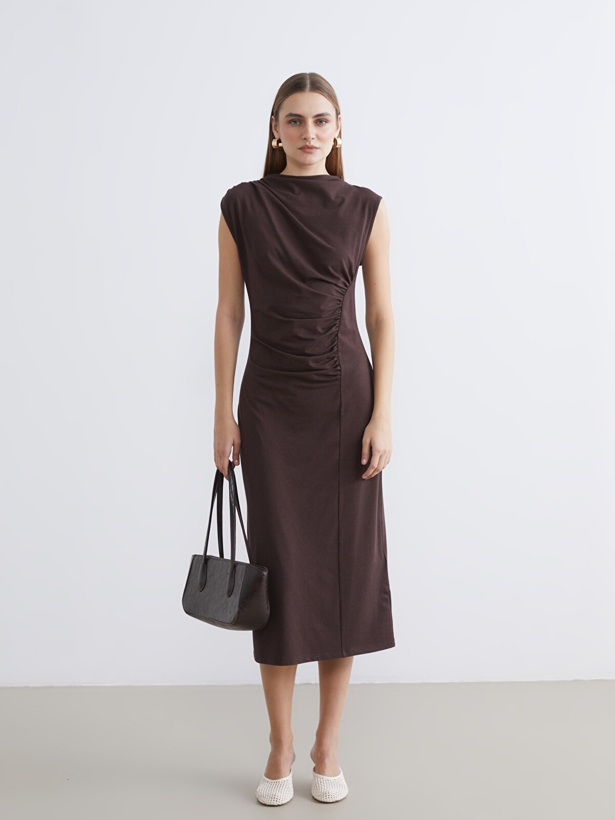 shanghai ruched dress - brown LCW STUDIO Mock Neck Ruched Dress - S6G999Z8-HEH