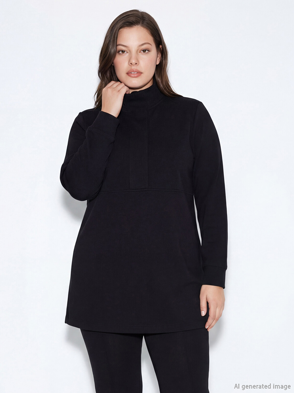 JUNNO 立体 3D プリーツ トップス ブラック 9AR XS-S LCW Modest Siyah Dik Yaka Soft Touch Kadın Sweatshirt Tunik
