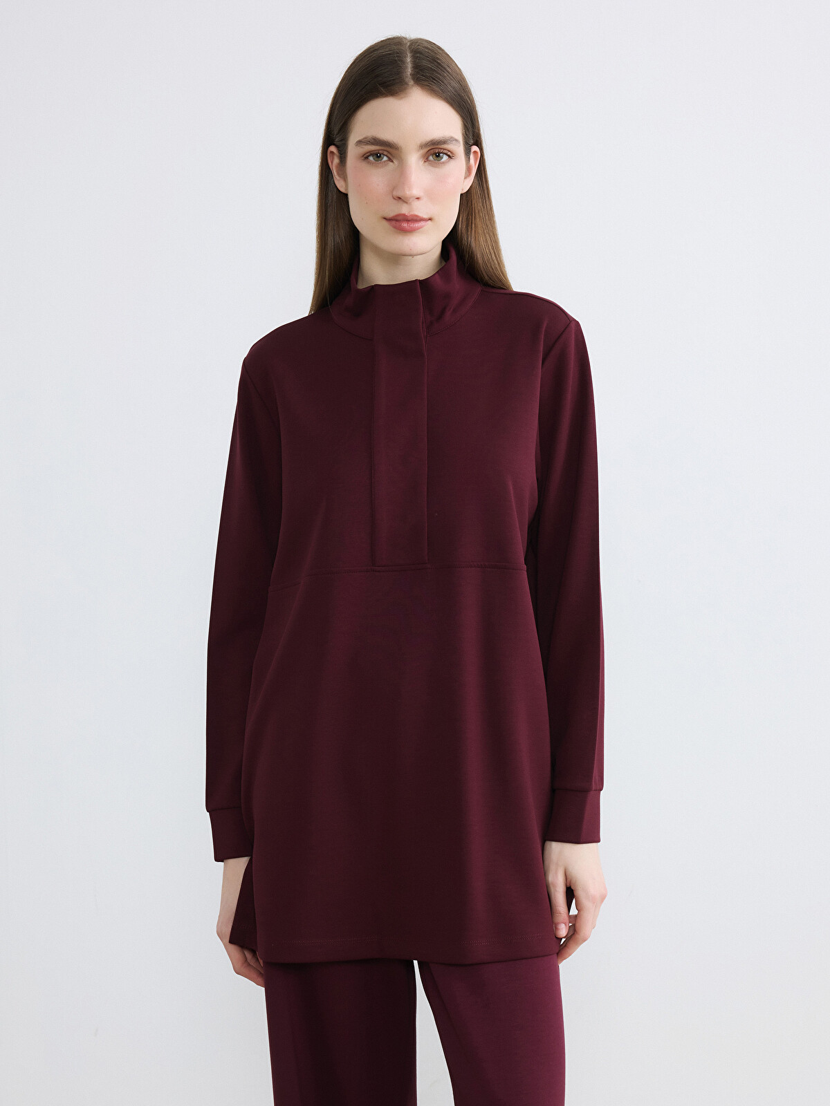 LCW Modest Bordo Dik Yaka Soft Touch Kadın Sweatshirt Tunik LCW Modest Bordo Dik Yaka Soft Touch Kadın Sweatshirt Tunik