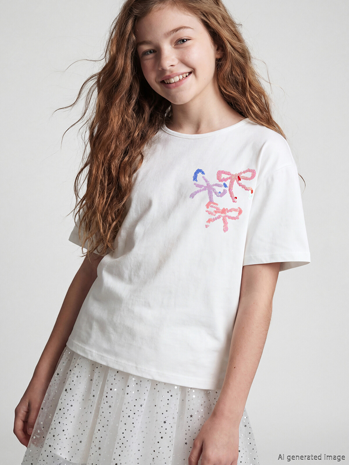 LCW Kids Sequin Embroidered Girls' T-shirt - S6GC46Z4-R9J | LC Waikiki