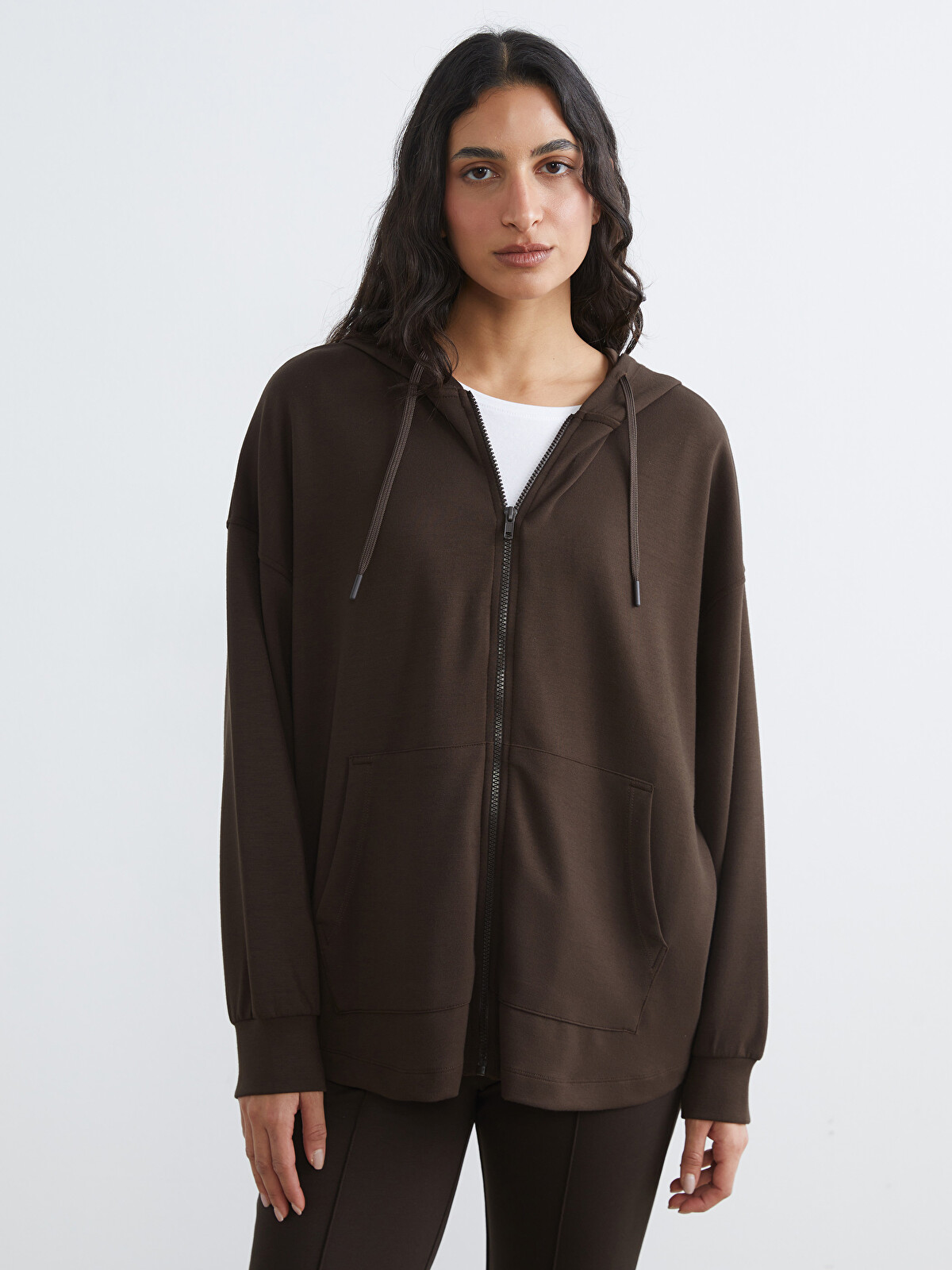 LCW Modest Kahverengi Kapüşonlu Soft Touch Kadın Fermuarlı