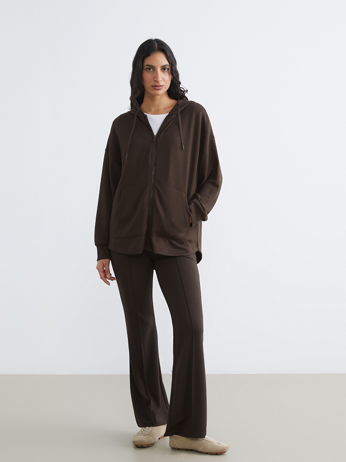 LCW Modest Kahverengi Kapüşonlu Soft Touch Kadın Fermuarlı