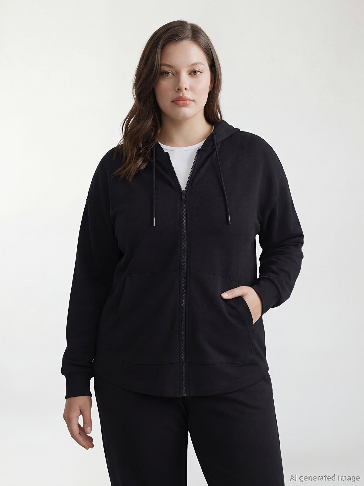 LCW Modest Siyah Kapüşonlu Soft Touch Kadın Fermuarlı Sweatshirt