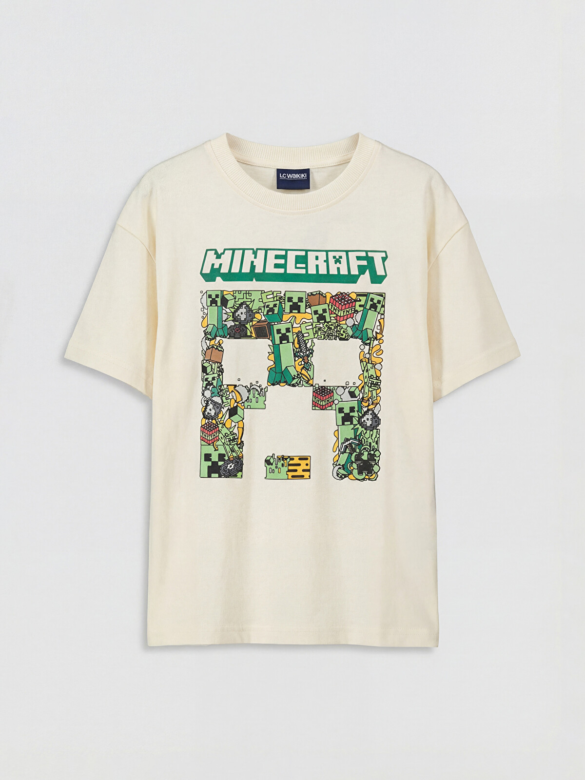 LCW Kids Bej Bisiklet Yaka Minecraft Baskılı Erkek Çocuk Tişört