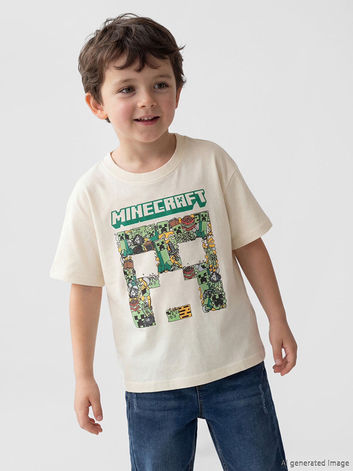LCW Kids Bej Bisiklet Yaka Minecraft Baskılı Erkek Çocuk Tişört