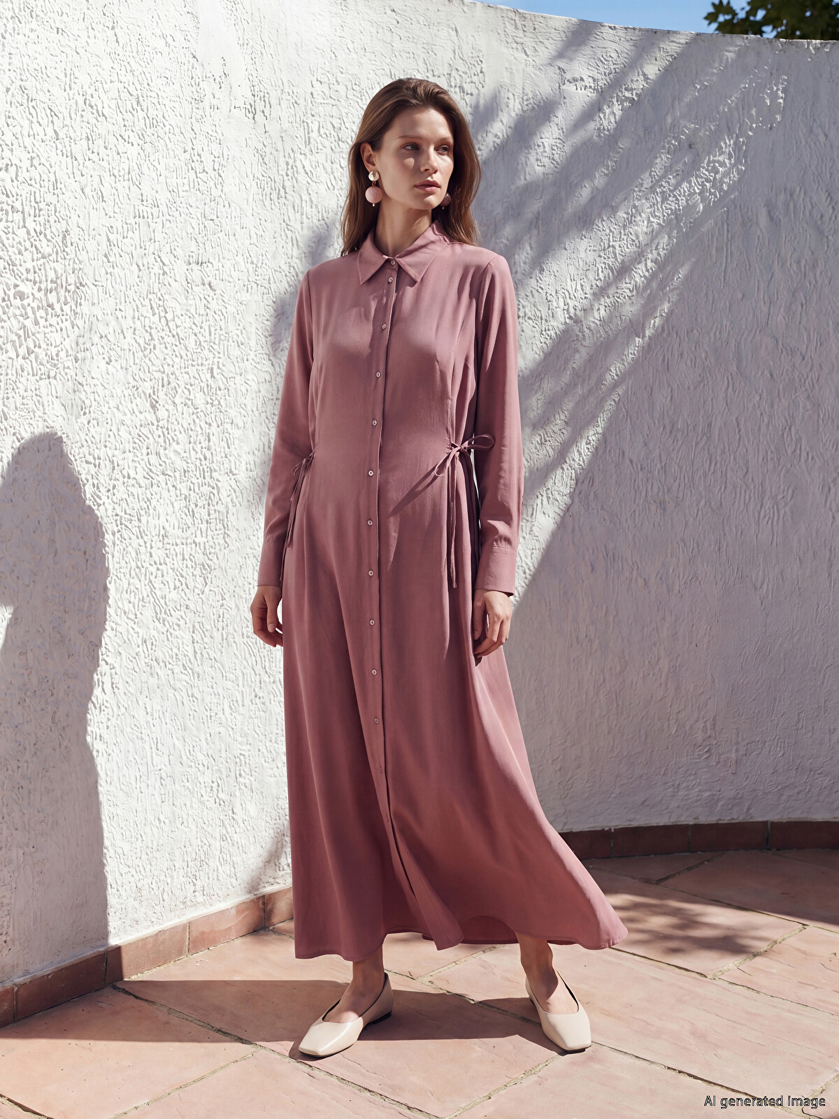 LCW Modest Waist Tied Modal Blend Shirt Dress - S6GV65Z8-27Z | LC