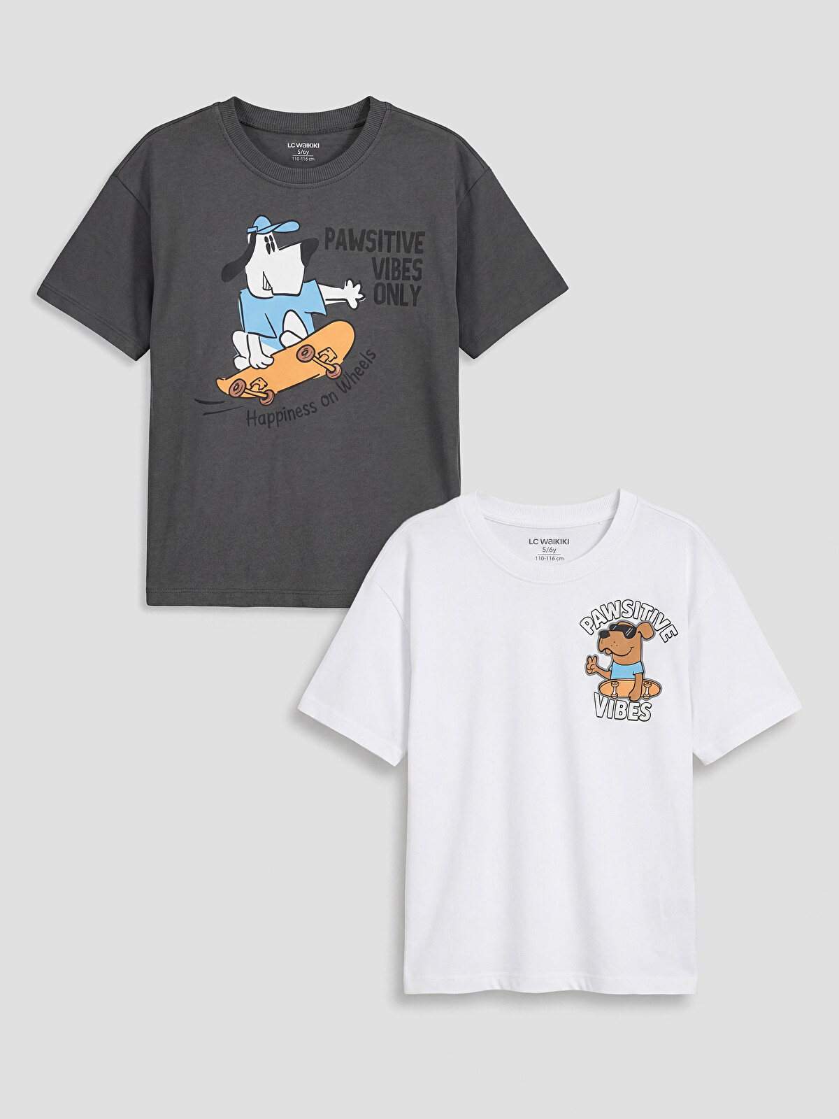 LCW Kids Beyaz Bisiklet Yaka Baskılı Erkek Çocuk Tişört 2'li