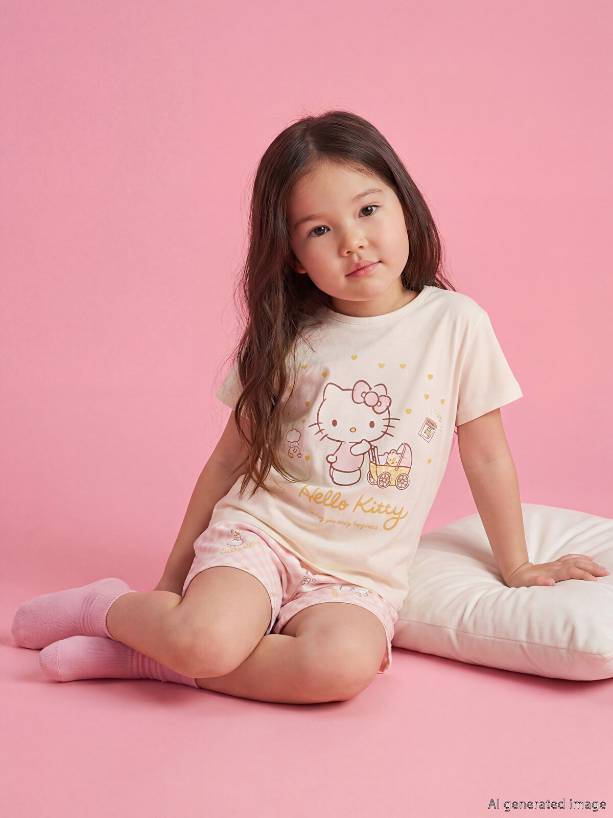 LCW Kids Bej Hello Kitty Baskılı Kız Çocuk Şortlu Pijama Takımı
