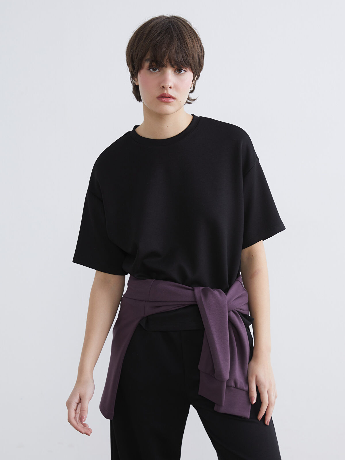 shi XSIDE Siyah Bisiklet Yaka Soft Touch Oversize Kadın Tişört