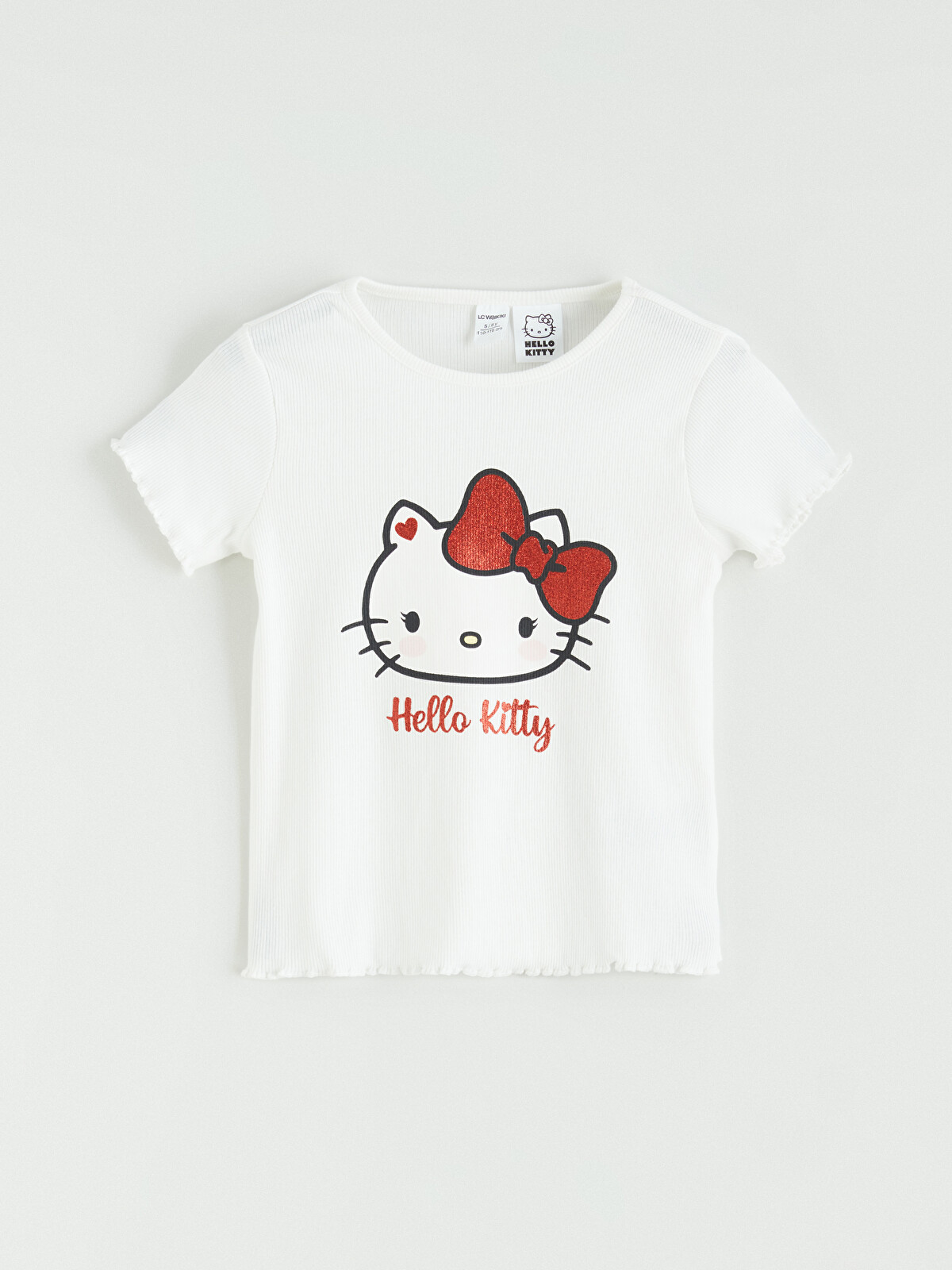 LCW Kids Beyaz Hello Kitty Baskılı Kız Çocuk Fitilli Tişört