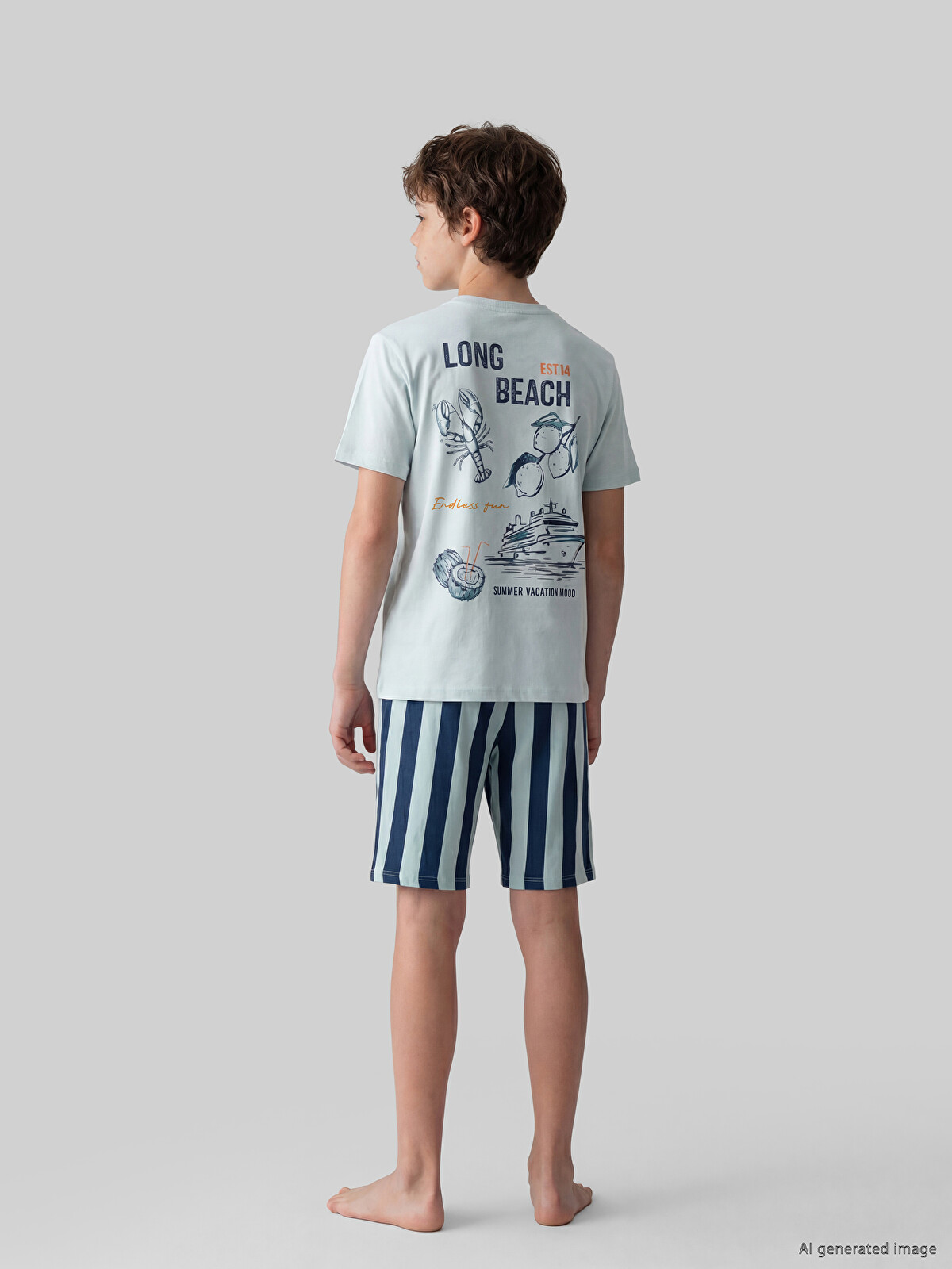 LCW Kids Yeşil Bisiklet Yaka Erkek Çocuk Şortlu Pijama Takımı