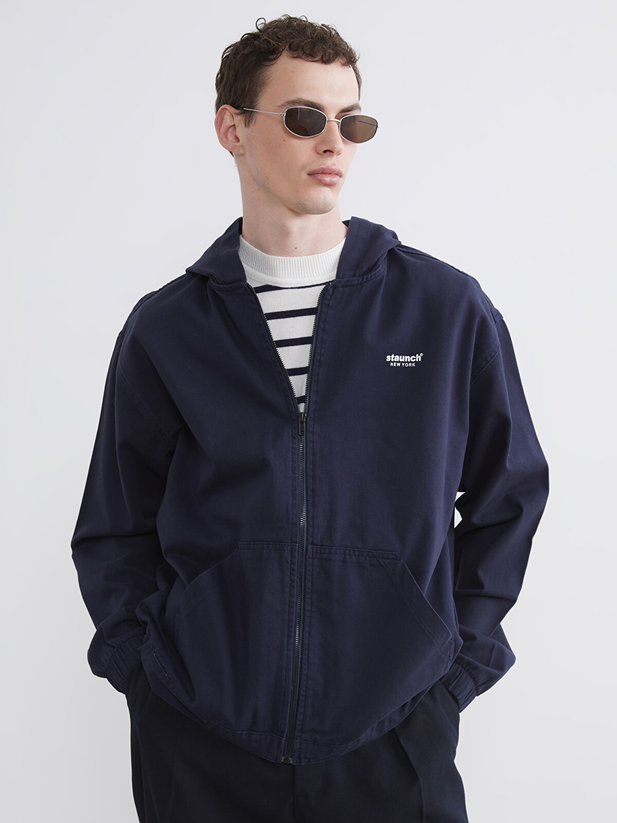 ソボスライ away L XSIDE Lacivert Loose Fit Kapüşonlu NYC Baskılı Erkek Jean Ceket