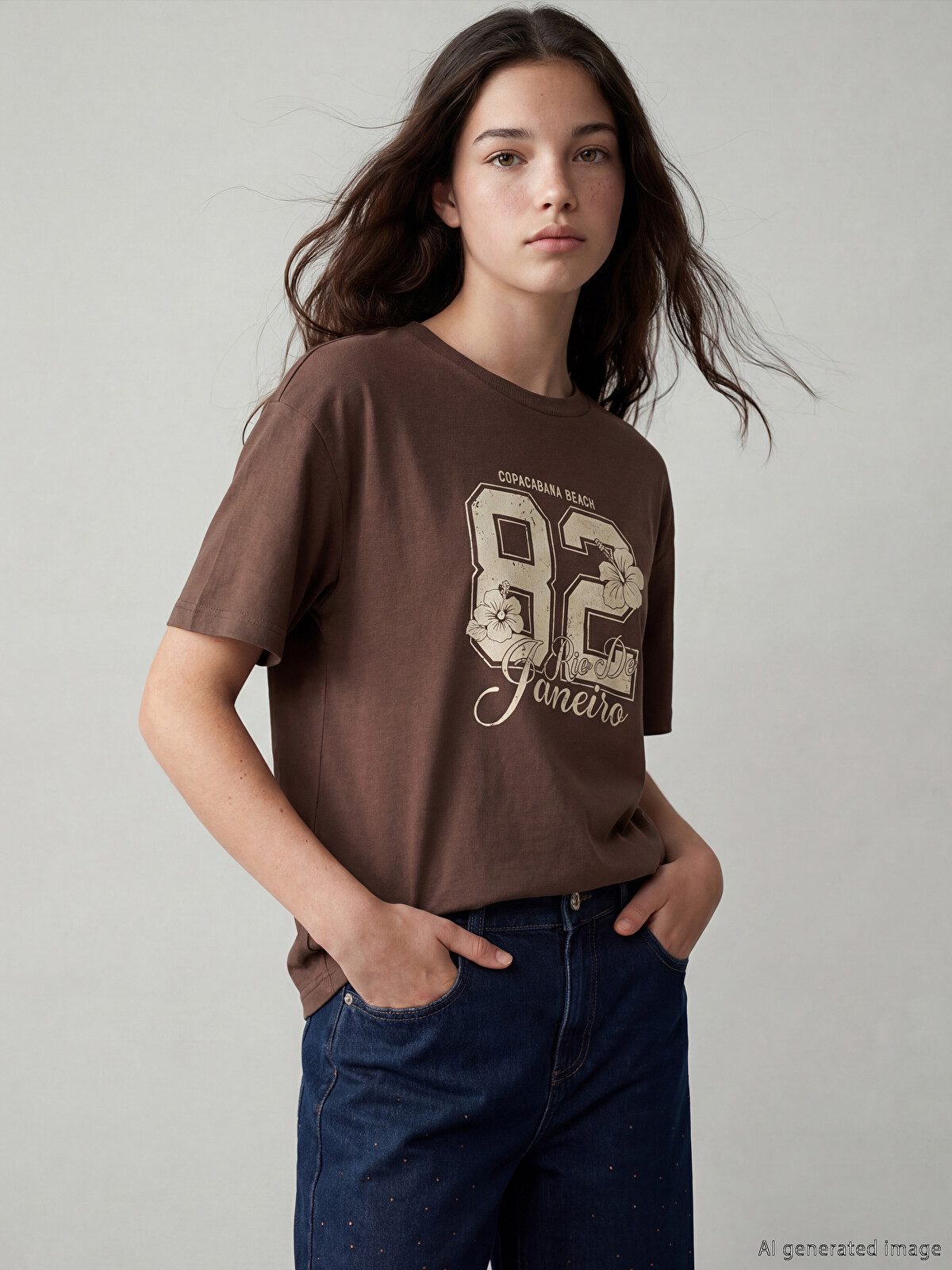 LIFEMANIA GIRLE Tシャツ ブラウン LCW Kids Girls' Crew Neck Printed T-shirt - S6I991Z4-ZD3 | LC Waikiki