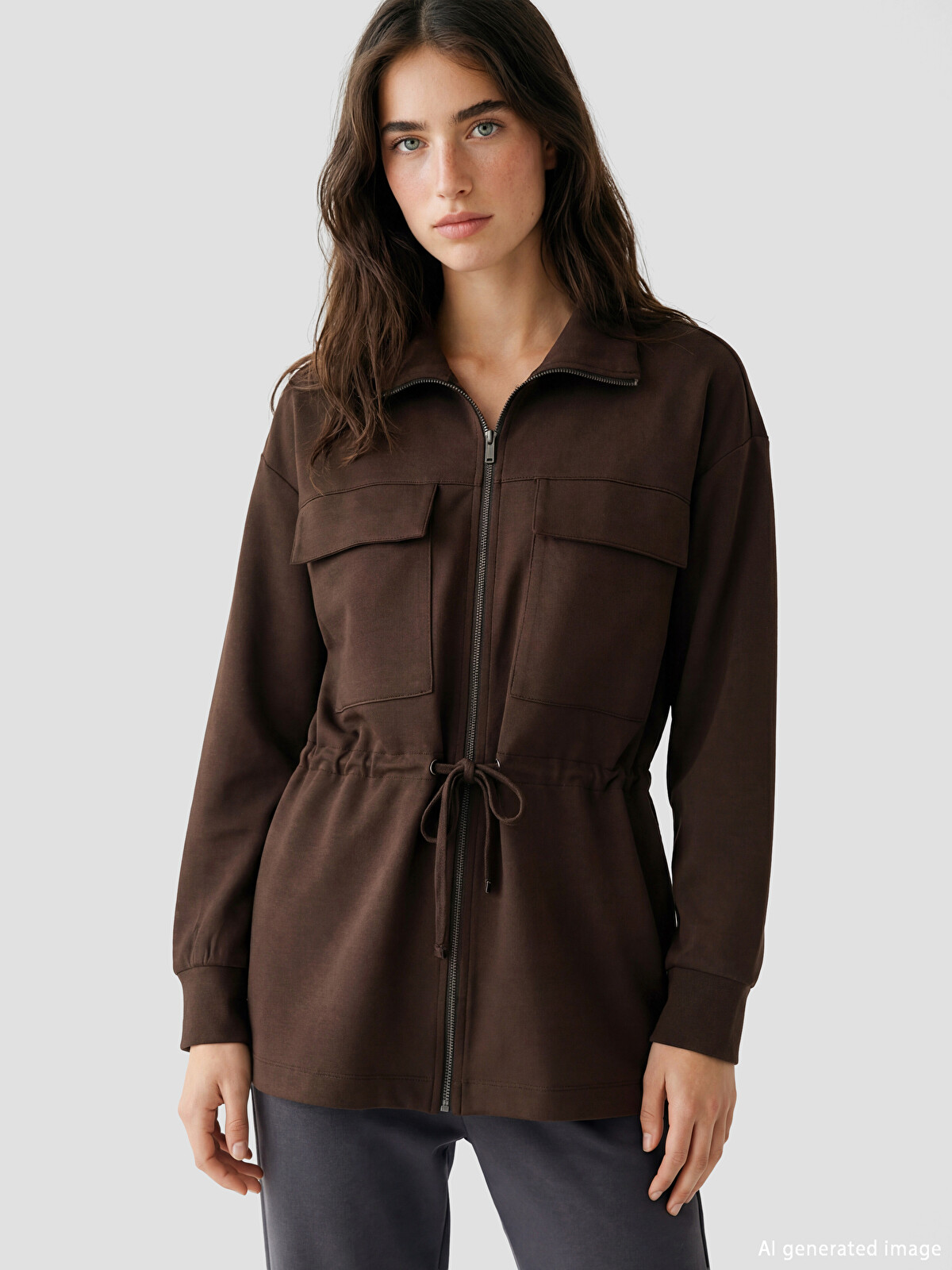 LCW Modest Kahverengi Dik Yaka Soft Touch Kadın Fermuarlı