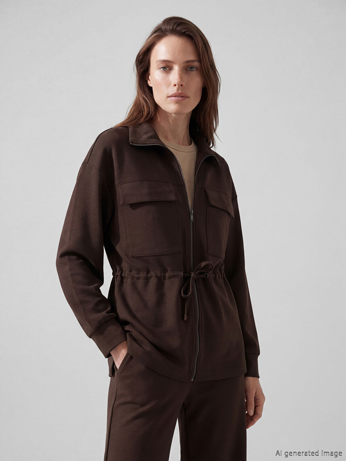 LCW Modest Kahverengi Dik Yaka Soft Touch Kadın Fermuarlı