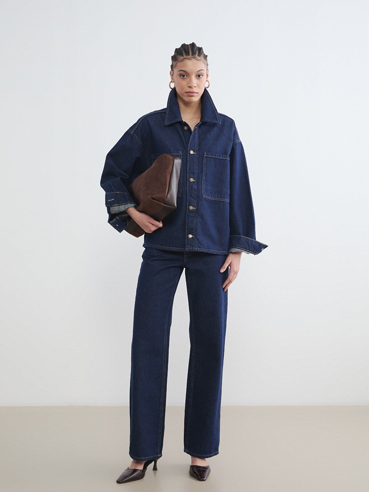 LCW Vision Oversized Women's Denim Jacket with Shirt Collar