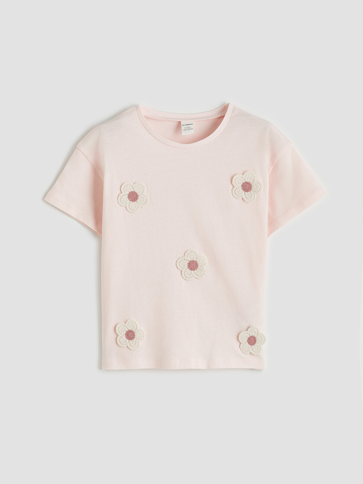 ♡S♡ LCW Kids Pembe Bisiklet Yaka Nakışlı Kız Çocuk Tişört - S6IV74Z1