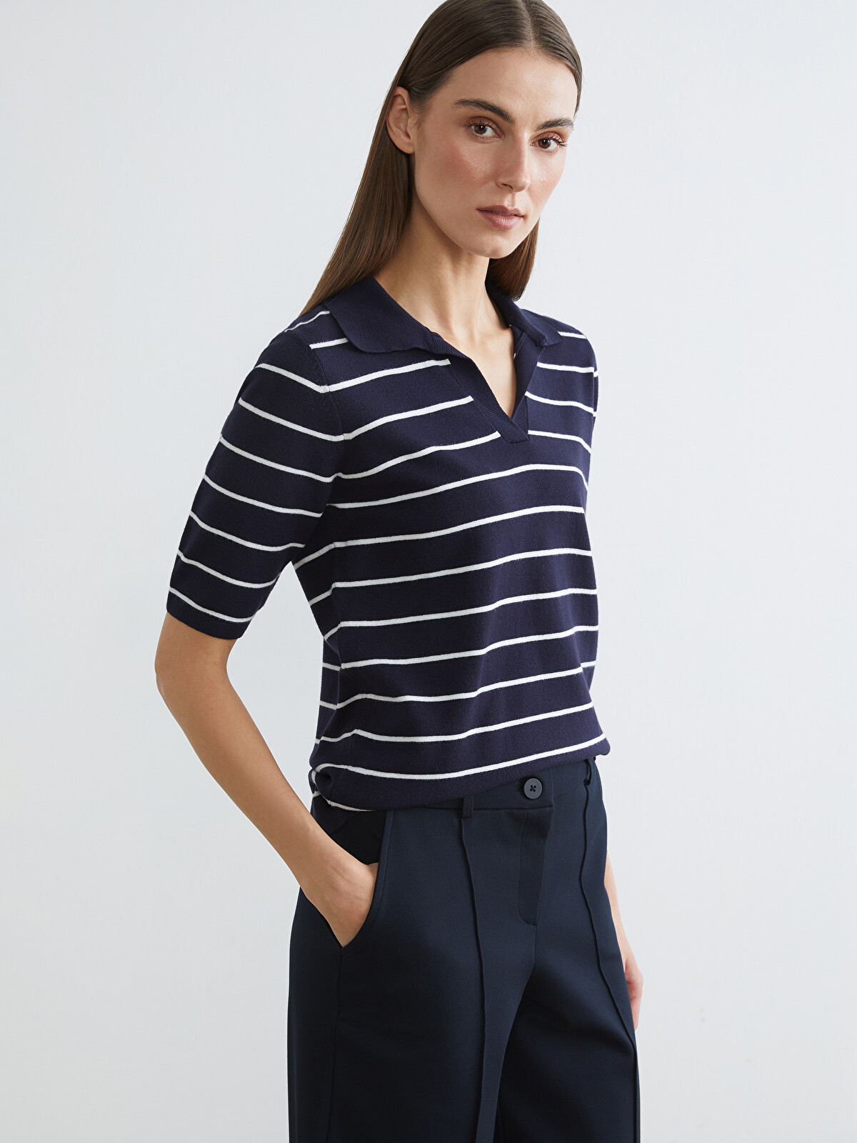 LCW EVERYDAY Polo Yaka Çizgili Kadın Triko Kazak - S6JA75Z8-LGS