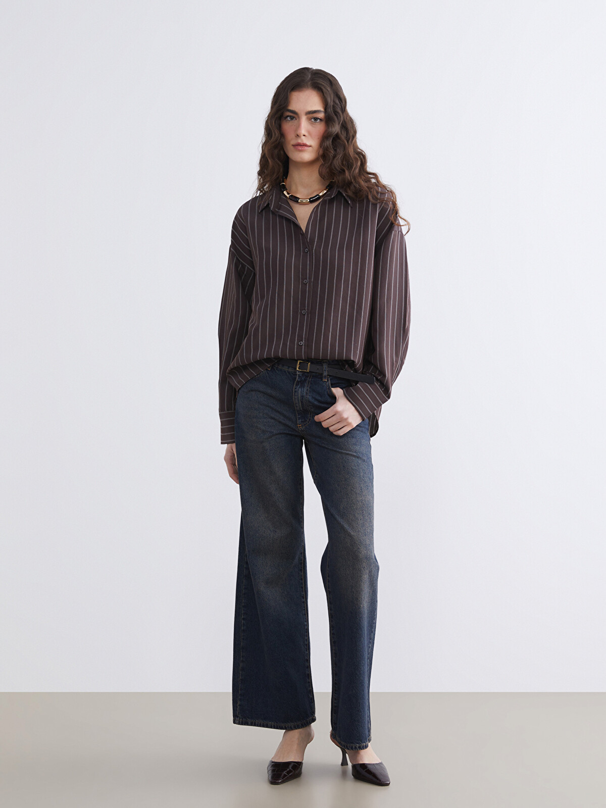 LCW Vision Striped Oversize Women's Shirt - S6JB08Z8-LEW - LC Waikiki