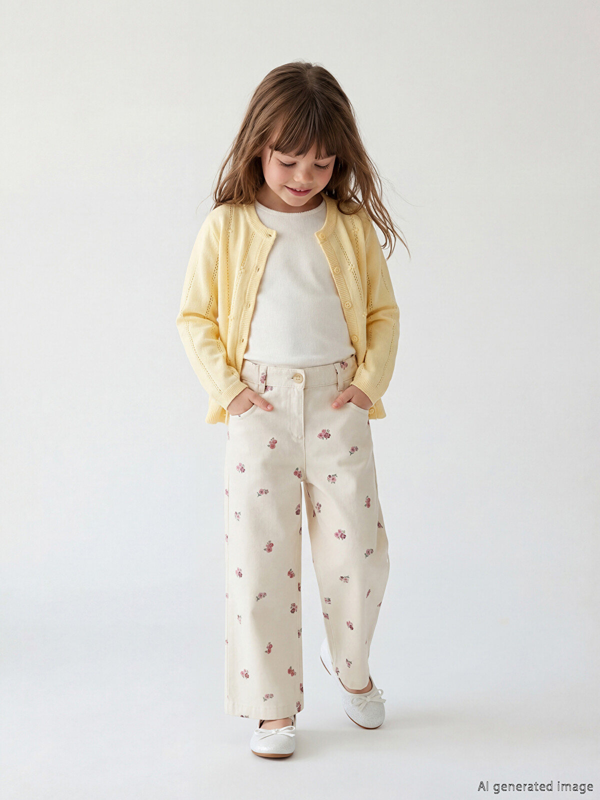 LCW Kids Ekru Çiçek Desenli Kız Çocuk Gabardin Pantolon - S6JP23Z1