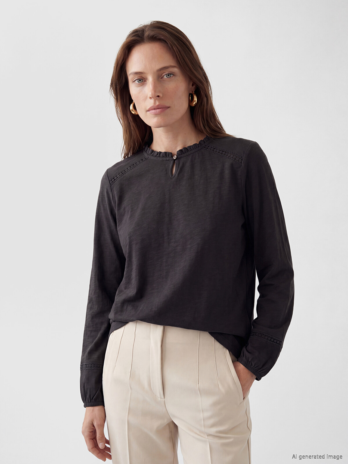 LCW Grace Crew Neck Embroidered Blouse - S6JQ89Z8-HHJ | LC Waikiki