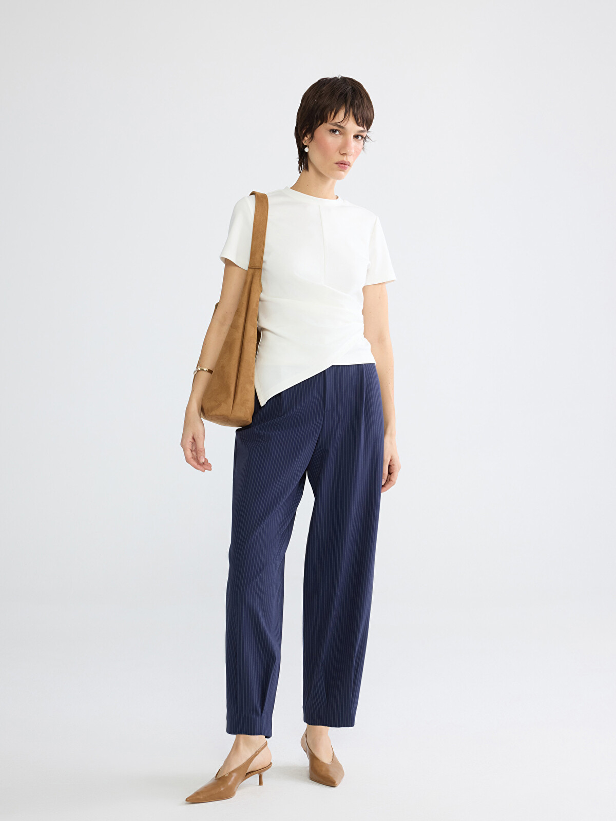 LCW Vision Loose Fit Çizgili Kadın Pileli Pantolon - S6JS87Z8-LGS