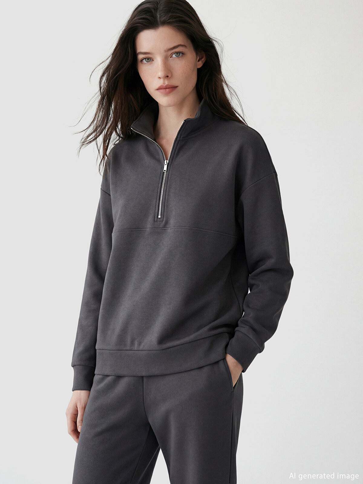 LCW Comfort Antrasit Dik Yaka Soft Touch Kadın Sweatshirt