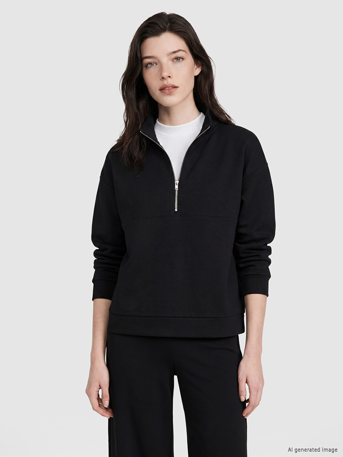 LCW Comfort Siyah Dik Yaka Soft Touch Kadın Sweatshirt - S6JT70Z8