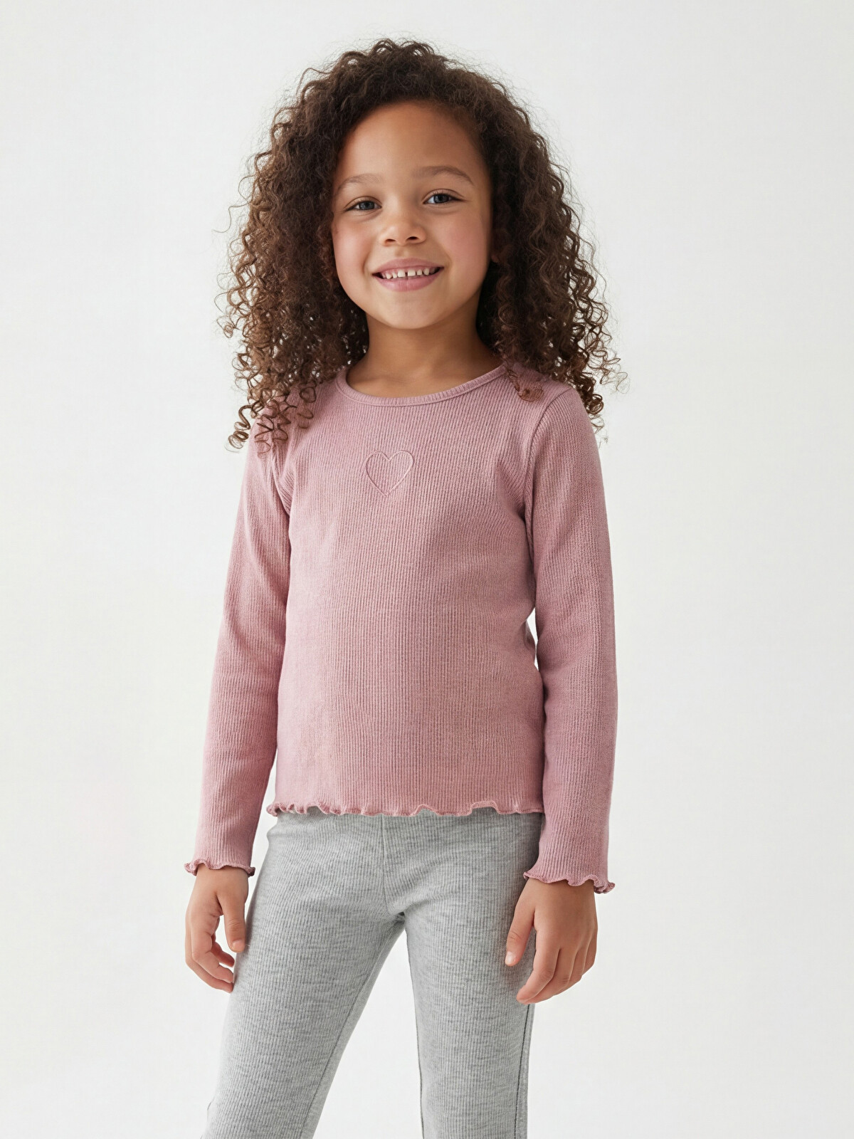 LCW Kids Gri Bisiklet Yaka Simli Kız Çocuk Fitilli Tişört 2'li