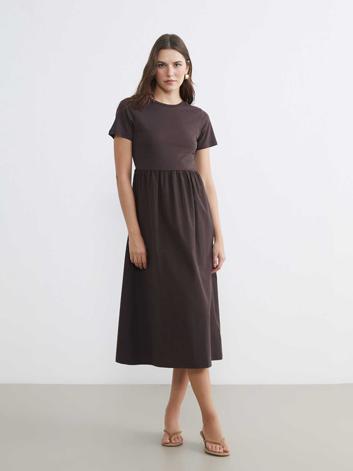 LCW Comfort Kahverengi Bisiklet Yaka Belden Oturtmalı Elbise