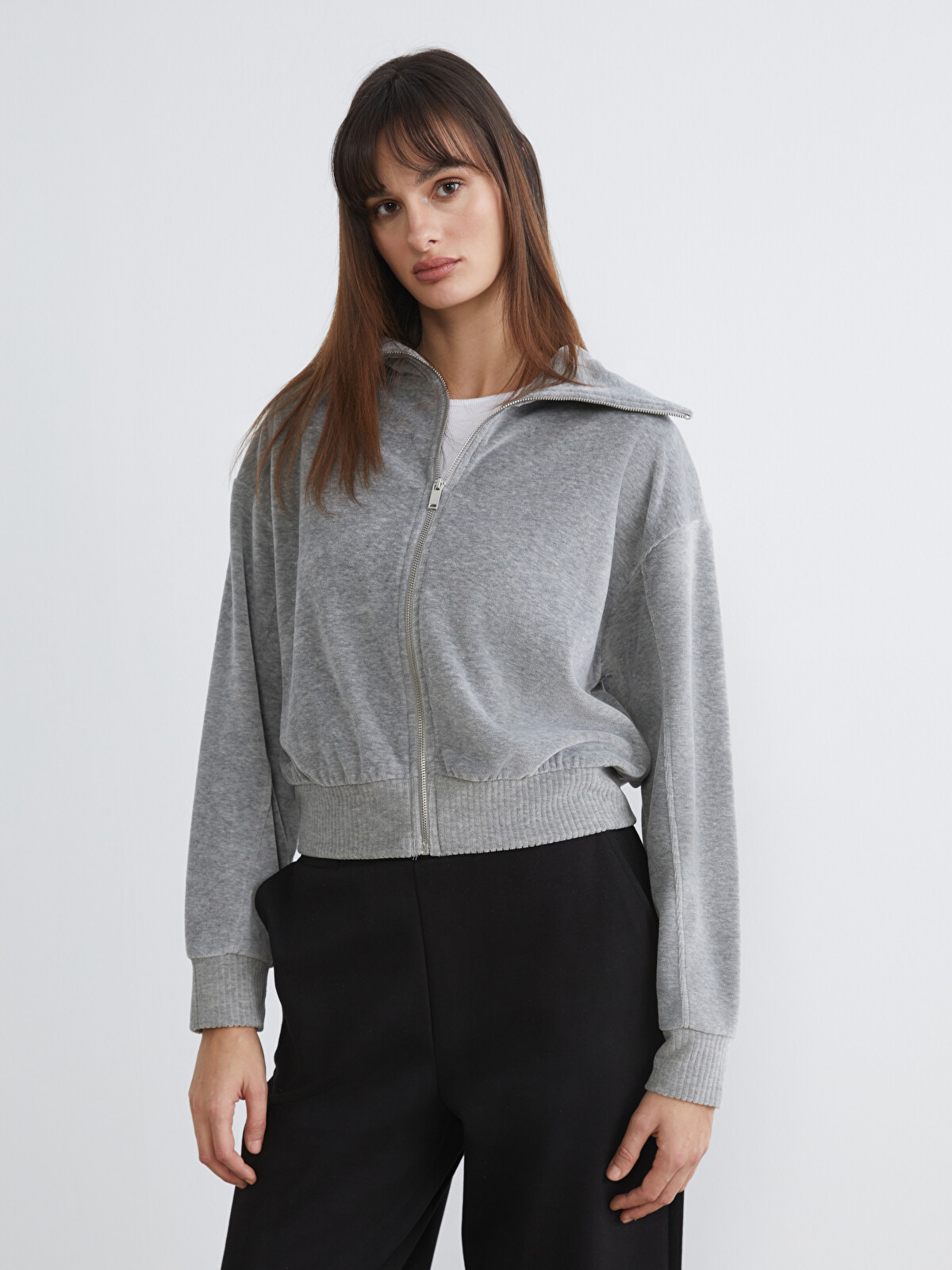 LCW Vision Gri Dik Yaka Oversize Kadın Fermuarlı Sweatshirt