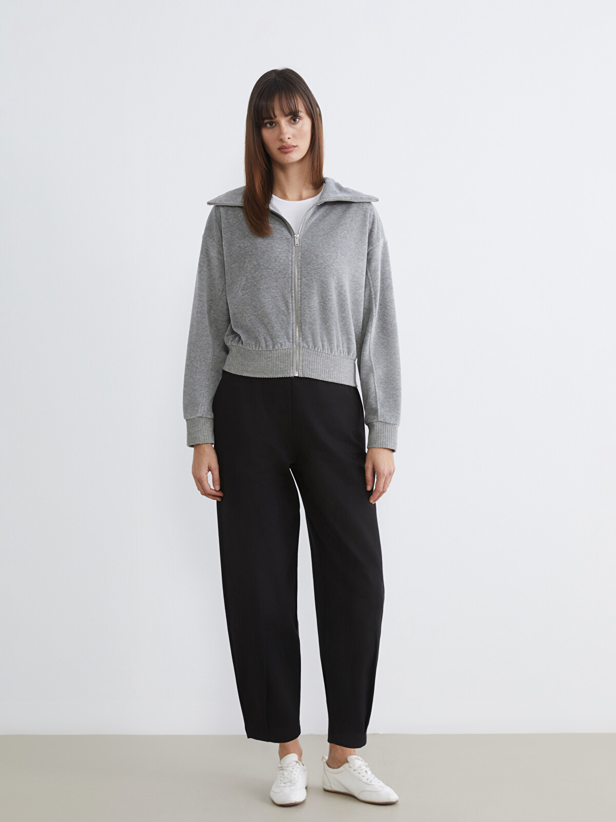LCW Vision Gri Dik Yaka Oversize Kadın Fermuarlı Sweatshirt
