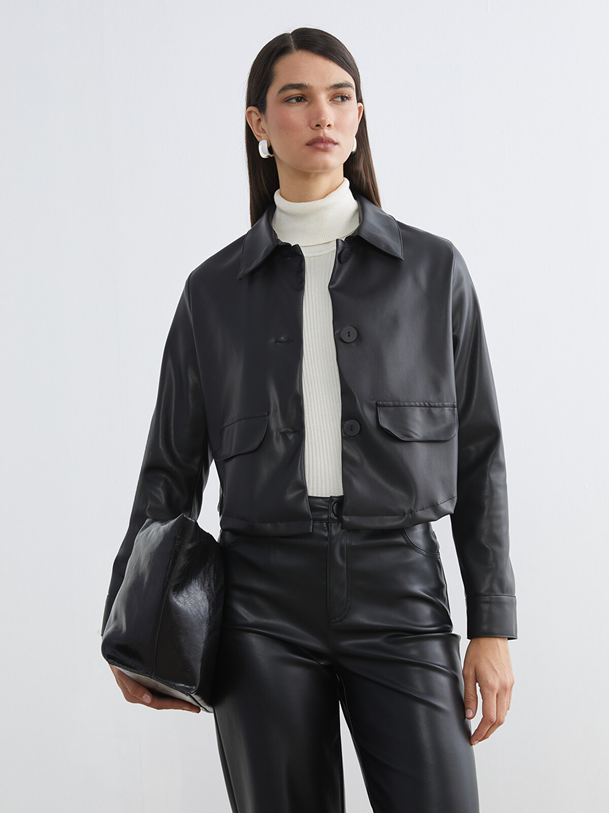 szk　黒38 LCW STUDIO Collared Neck Women's Faux Leather Jacket - S6KA96Z8