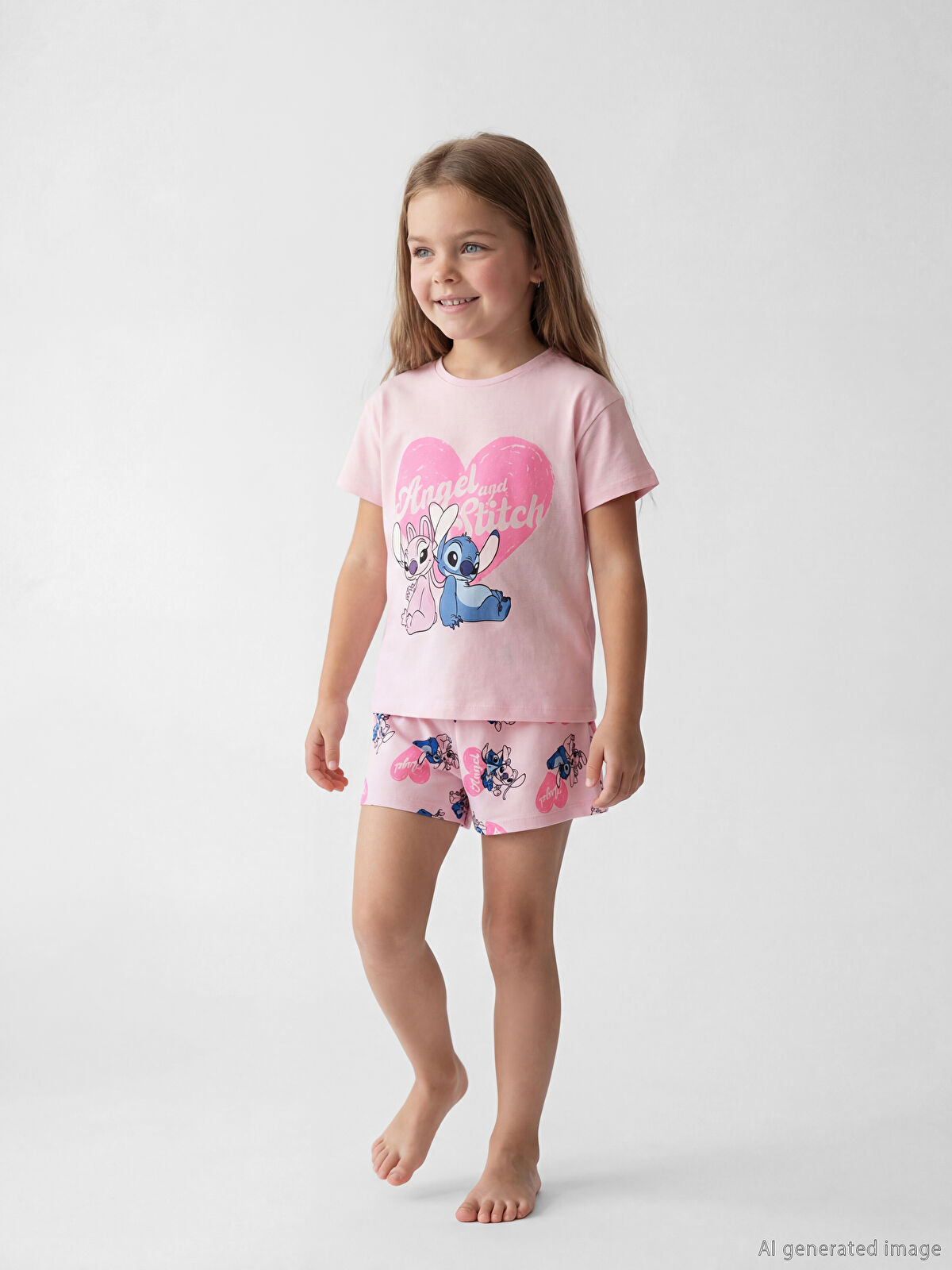 LCW Kids Pembe Stitch ve Angel Baskılı Kız Çocuk Tişört ve Şort