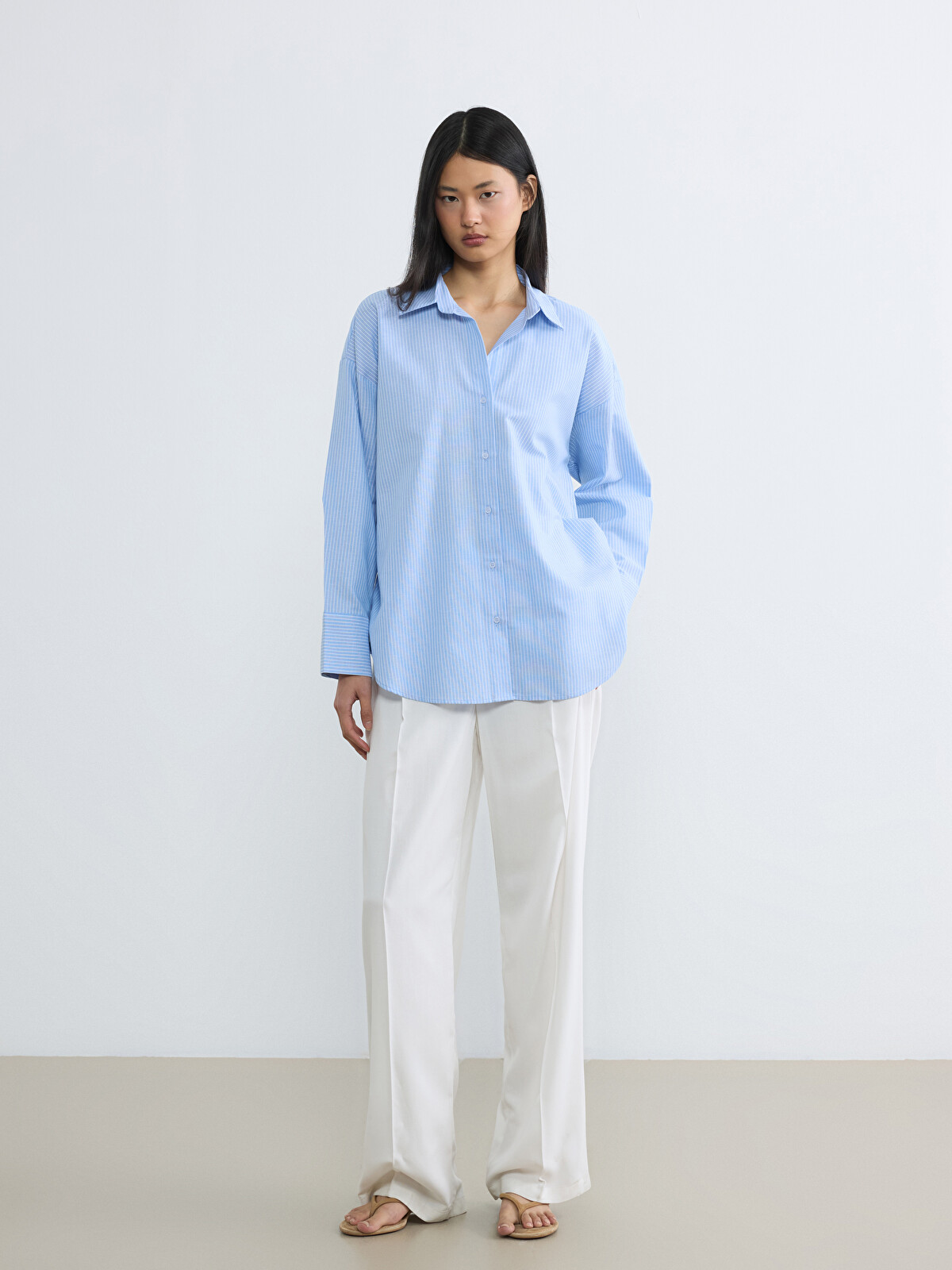 LCW Vision Çizgili Oversize Oxford Kadın Gömlek