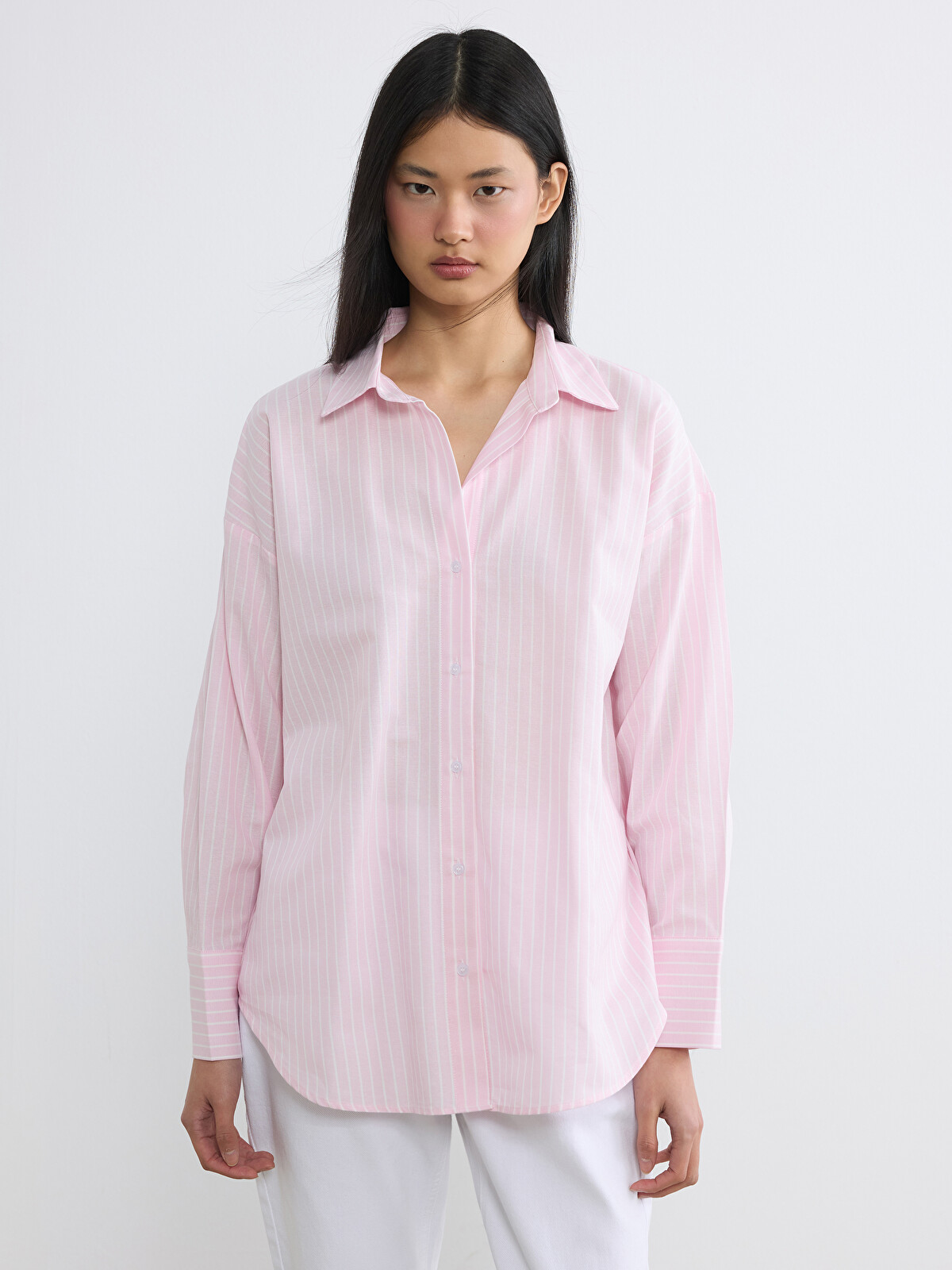LCW Vision Çizgili Oversize Oxford Kadın Gömlek
