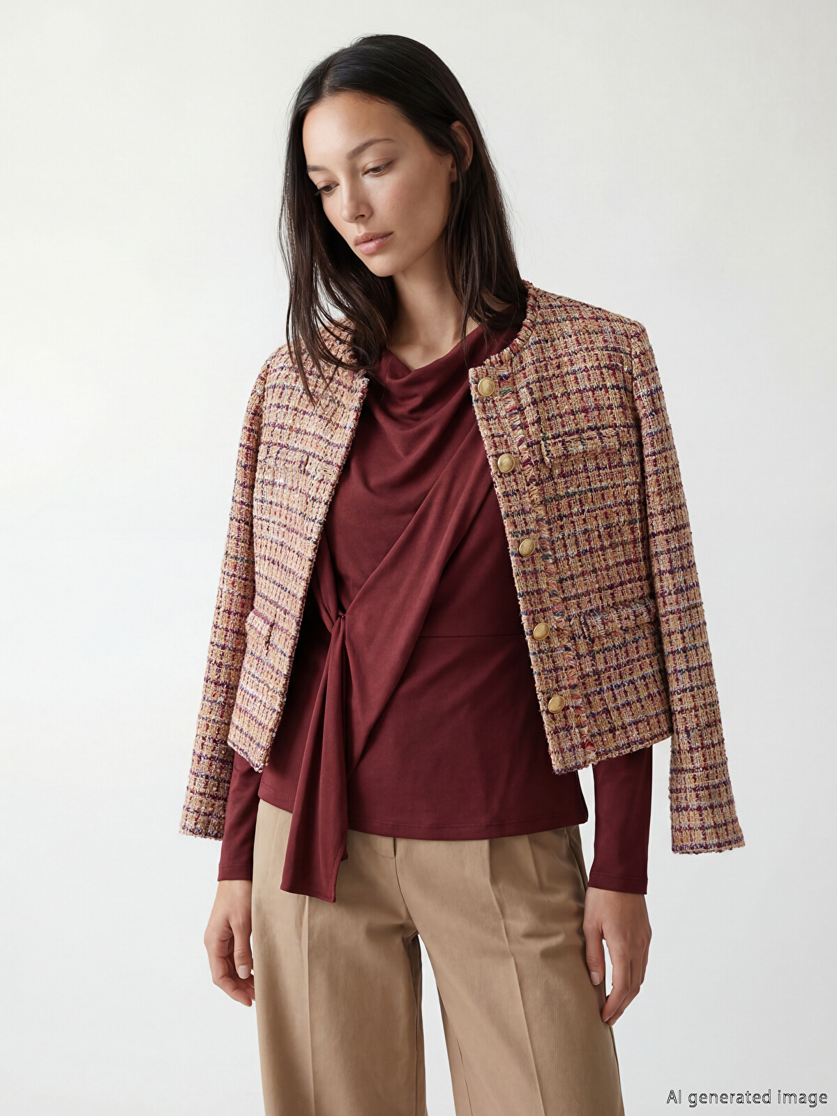 LCW STUDIO Round Neck Plaid Women's Tweed Jacket - S6KD33Z8-LNQ