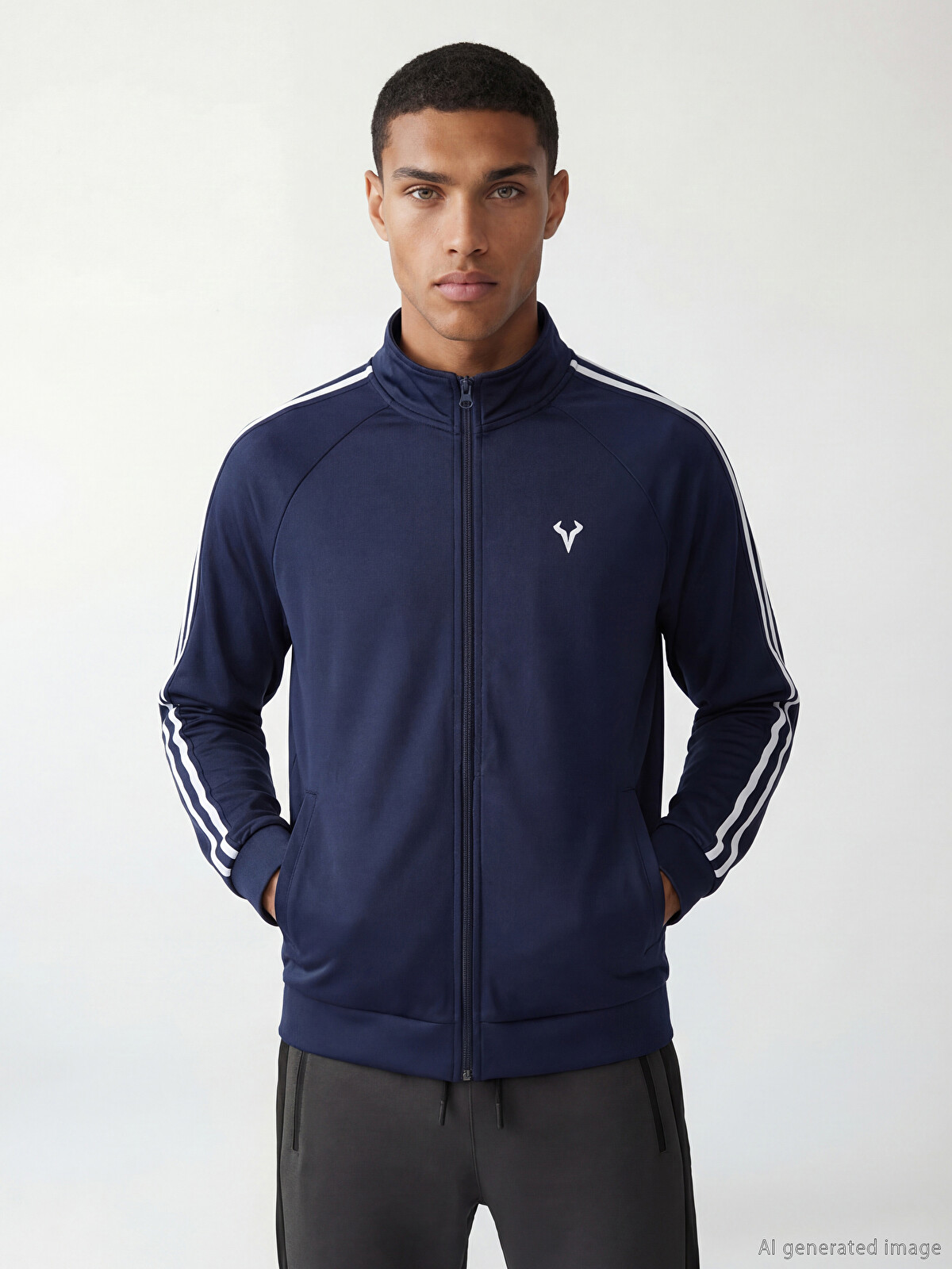 XSIDE ACTIVE Lacivert Dik Yaka Şeritli Erkek Fermuarlı Sweatshirt