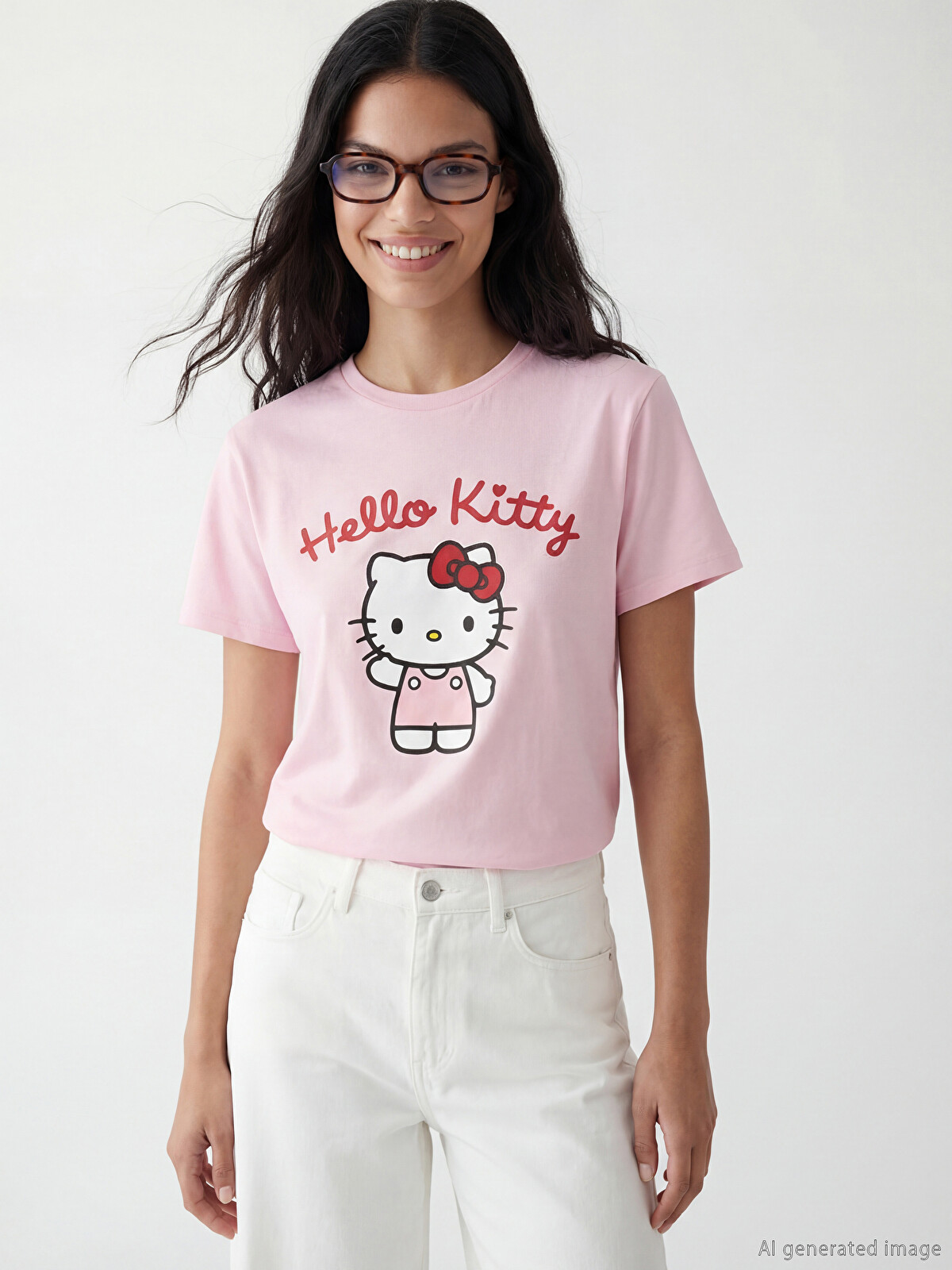 XSIDE Pembe Hello Kitty Baskılı %100 Pamuklu Kadın Tişört