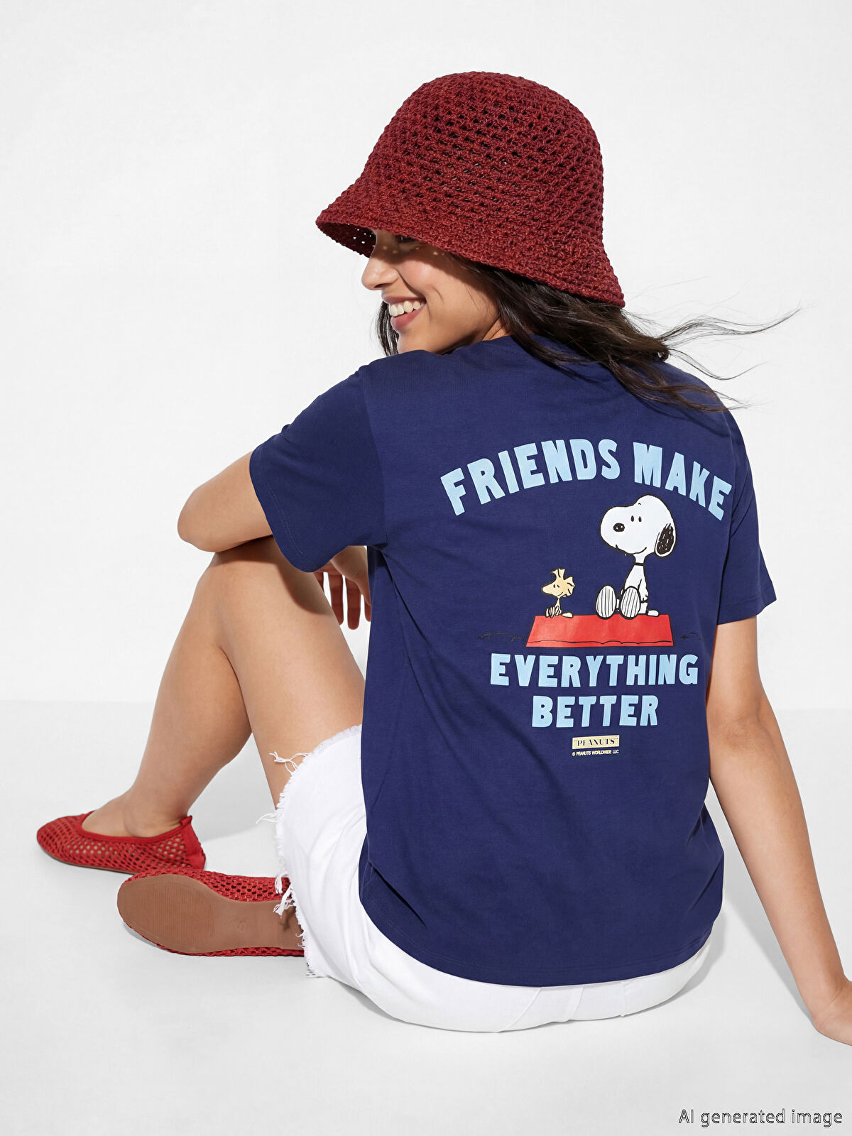 XSIDE Bisiklet Yaka Snoopy Baskılı Kadın Tişört