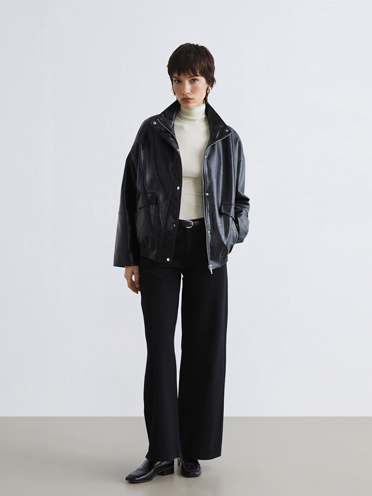 LCW Vision Mock Neck Oversize Women's Faux Leather Jacket