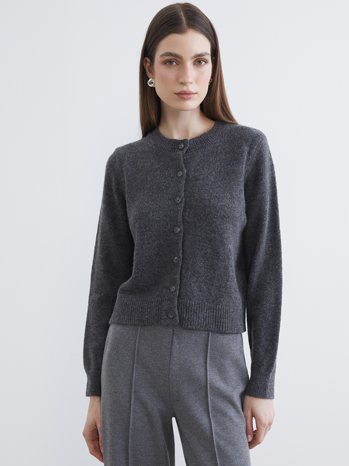 LCW Modest Women's Crew Neck Knit Cardigan - S6KO26Z8-DGR | LC Waikiki