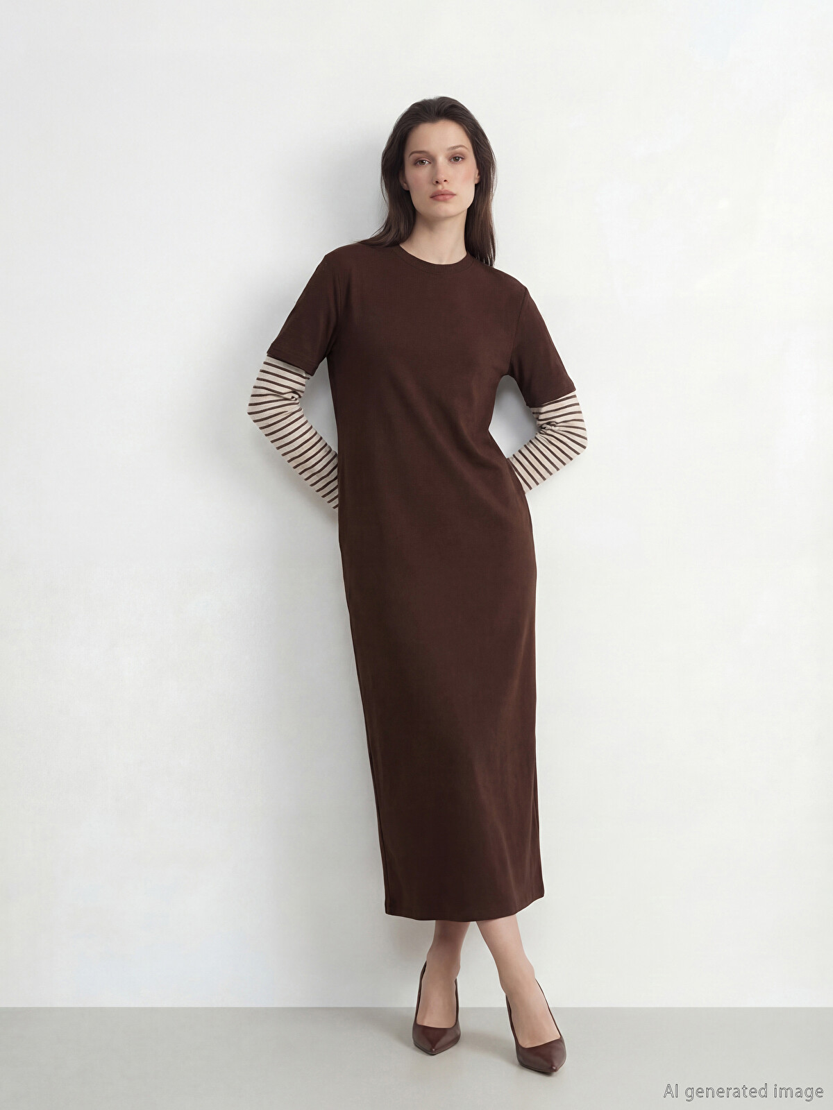 LCW Modest Kahverengi Bisiklet Yaka Çizgili Sweat Elbise