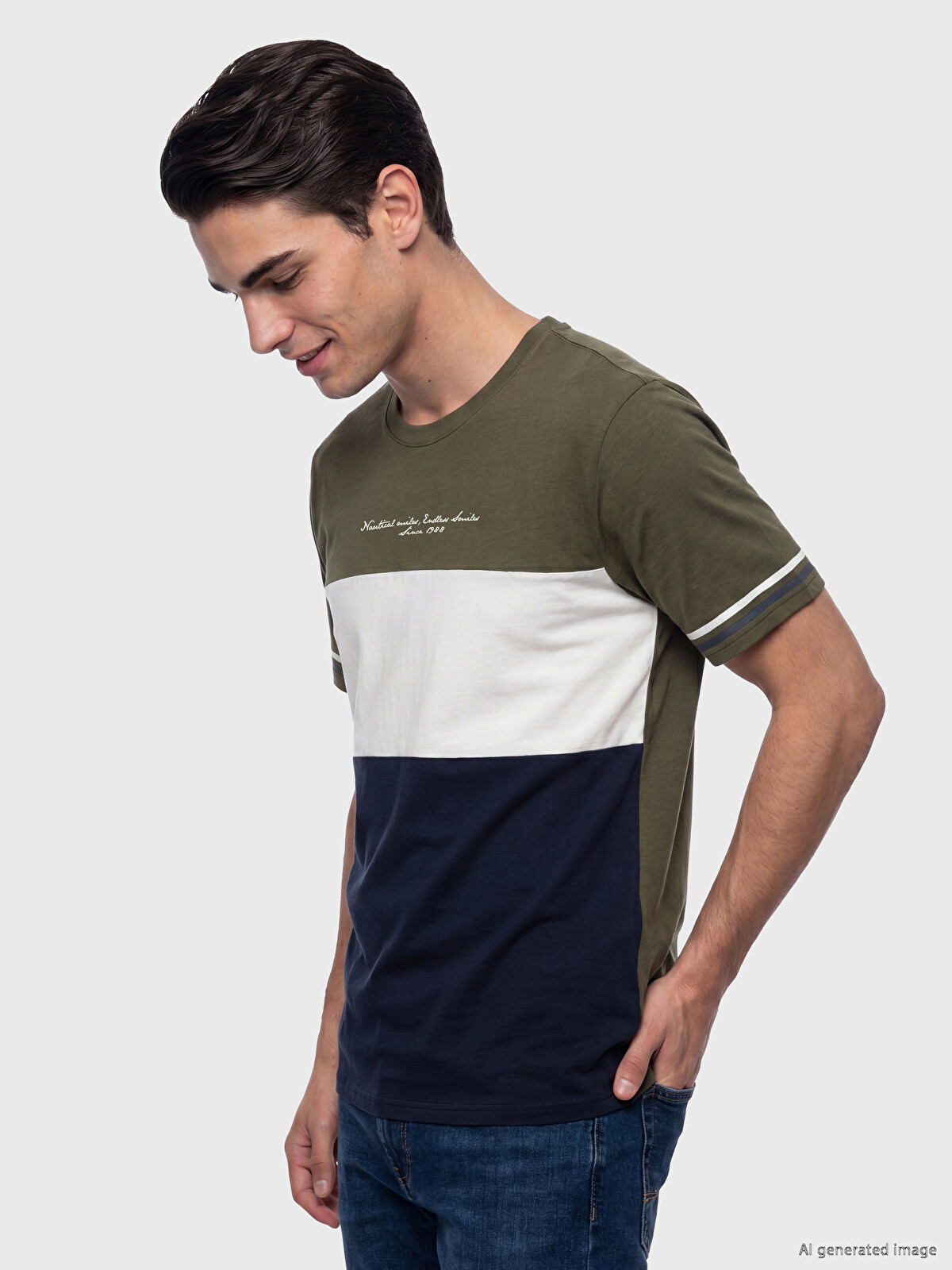 LCWAIKIKI Classic Haki Bisiklet Yaka Renk Bloklu Erkek Tişört